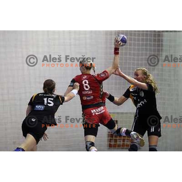 Tamara Mavsar of krim Mercator and Spela Oklescen of Zagorje Gen1 in action during handball match Zagorje Gen1- Krim Mercator in semi-final of Slovenian Cup, played in Zagorje on April 2, 2011 