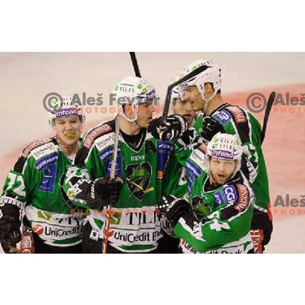 Olimpija in action during Ice hockey match HDD Tilia Olimpija - Acroni Jesenice in 2nd game of the final of the Slovenian ice hockey league, Tivoli Hall, 03.04.2011 