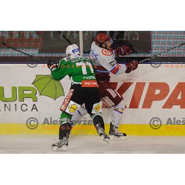 Bostjan Golicic, Robert Sabolic in action during Ice hockey match HDD Tilia Olimpija - Acroni Jesenice in 2nd game of the final of the Slovenian ice hockey league, Tivoli Hall, 03.04.2011 