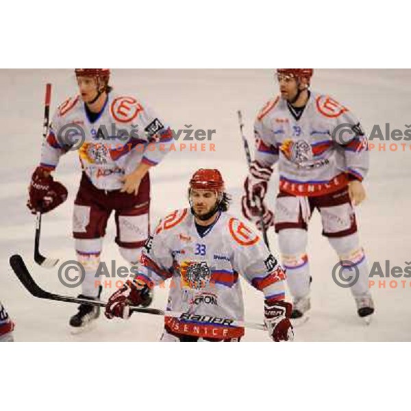 Mike Cavosie, Eric Verner, Mickel Bayrack in action during Ice hockey match HDD Tilia Olimpija - Acroni Jesenice in 2nd game of the final of the Slovenian ice hockey league, Tivoli Hall, 03.04.2011 