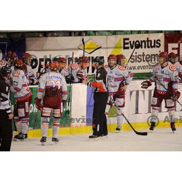 Jesenice bench in action during Ice hockey match HDD Tilia Olimpija - Acroni Jesenice in 2nd game of the final of the Slovenian ice hockey league, Tivoli Hall, 03.04.2011 