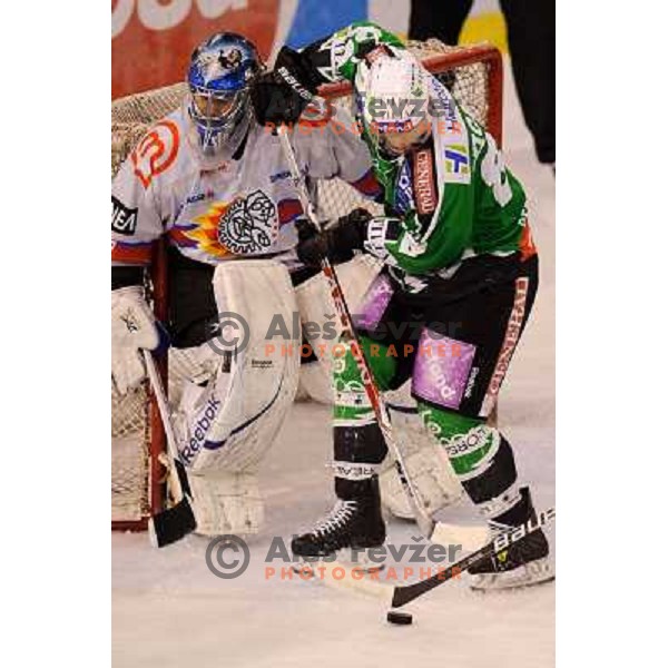 Michal Fickrt, John Hughes in action during Ice hockey match HDD Tilia Olimpija - Acroni Jesenice in 2nd game of the final of the Slovenian ice hockey league, Tivoli Hall, 03.04.2011 