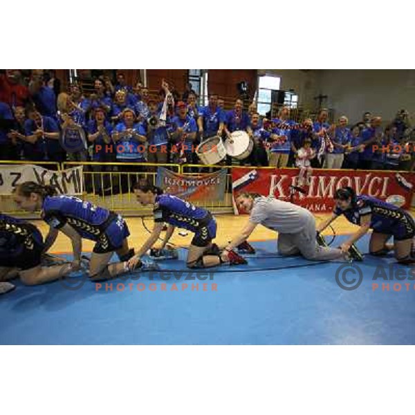 Players of Kirm Mercator celebrate victory at handball game Krim Mercator-Krka in the Final of Slovenian Cup, played in Zagorje on April 3, 2011 