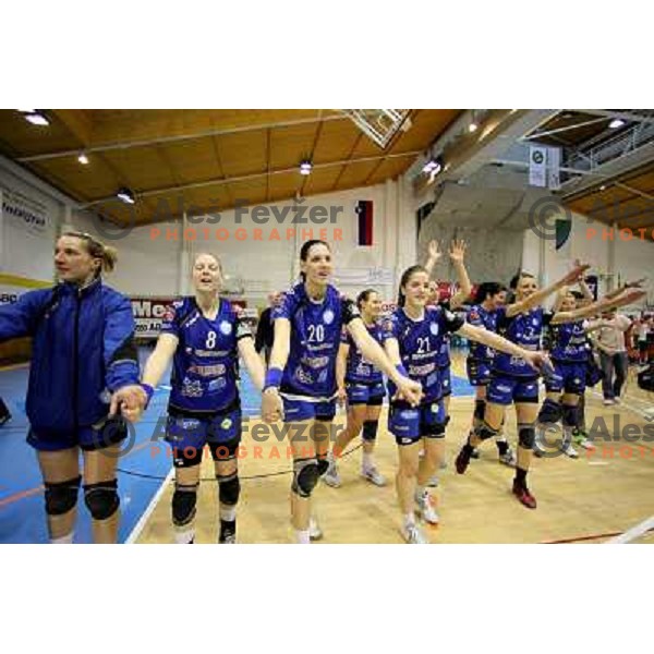 Players of Kirm Mercator celebrate victory at handball game Krim Mercator-Krka in the Final of Slovenian Cup, played in Zagorje on April 3, 2011 