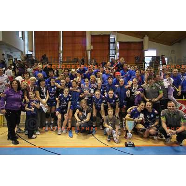 Players of Kirm Mercator celebrate victory at handball game Krim Mercator-Krka in the Final of Slovenian Cup, played in Zagorje on April 3, 2011 