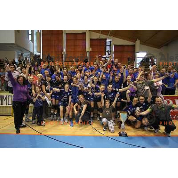 Players of Kirm Mercator celebrate victory at handball game Krim Mercator-Krka in the Final of Slovenian Cup, played in Zagorje on April 3, 2011 