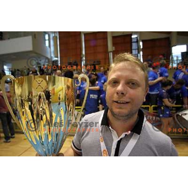 Players of Kirm Mercator celebrate victory at handball game Krim Mercator-Krka in the Final of Slovenian Cup, played in Zagorje on April 3, 2011 