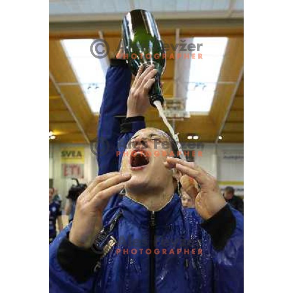 Andrea Lekic of Kirm Mercator celebrates victory at handball game Krim Mercator-Krka in the Final of Slovenian Cup, played in Zagorje on April 3, 2011 