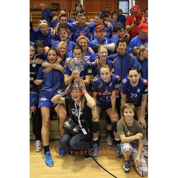 Players of Kirm Mercator celebrate victory at handball game Krim Mercator-Krka in the Final of Slovenian Cup, played in Zagorje on April 3, 2011 