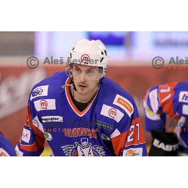 Klemen Pretnar of Slovenia in action during friendly ice- hockey match Slovenia-Kazakhstan before World Championships, played in Hala Tivoli, Ljubljana, Slovenia on April 12, 2011 