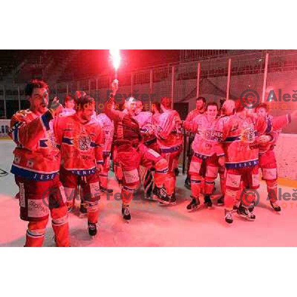  Players of Acroni Jesenice celebrate Slovenian National Title for season 2010-2011 after winning over Tilia Olimpija 4:2 in fourth game of the Final in Podmezakla Hall, Jesenice, Slovenia on April 8,2011. They won series 4:0 