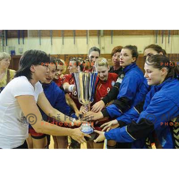Krim players celebrate 17th Slovenian title after the handball match Krim - Krka, last game of the season, played in Galjevica, Ljubljana, Slovenia on May 14, 2011 