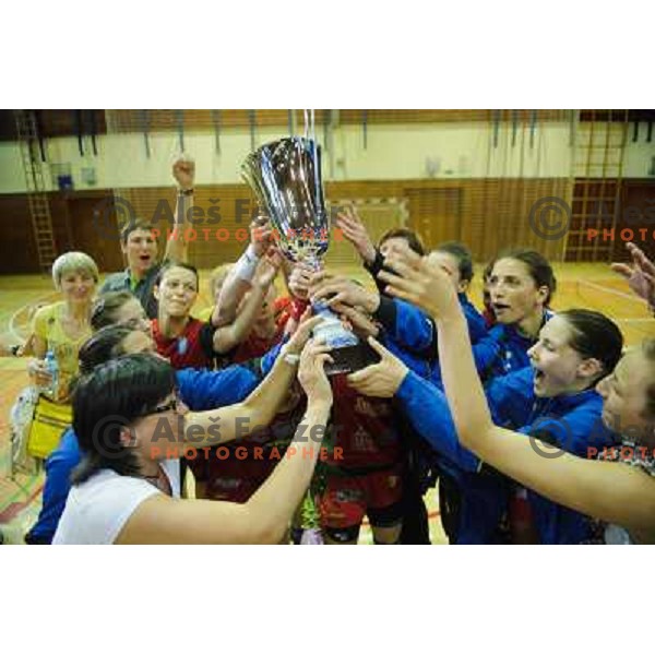 Krim players celebrate 17th Slovenian title after the handball match Krim - Krka, last game of the season, played in Galjevica, Ljubljana, Slovenia on May 14, 2011 