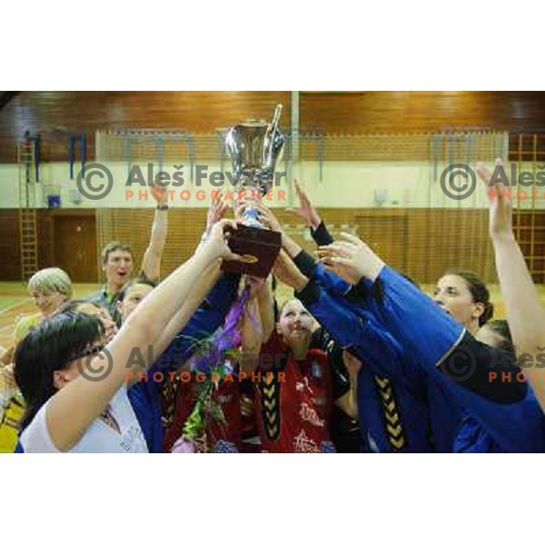 Krim players celebrate 17th Slovenian title after the handball match Krim - Krka, last game of the season, played in Galjevica, Ljubljana, Slovenia on May 14, 2011 