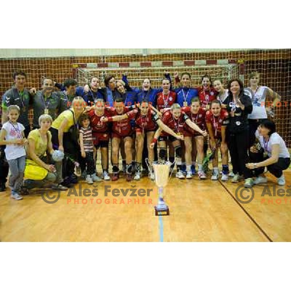 Krim players celebrate 17th Slovenian title after the handball match Krim - Krka, last game of the season, played in Galjevica, Ljubljana, Slovenia on May 14, 2011 
