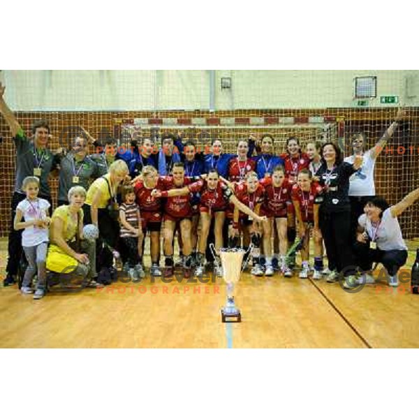 Krim players celebrate 17th Slovenian title after the handball match Krim - Krka, last game of the season, played in Galjevica, Ljubljana, Slovenia on May 14, 2011 
