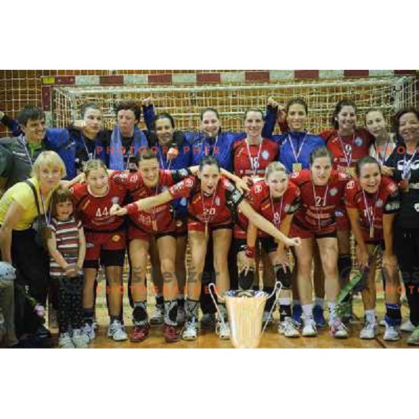 Krim players celebrate 17th Slovenian title after the handball match Krim - Krka, last game of the season, played in Galjevica, Ljubljana, Slovenia on May 14, 2011 