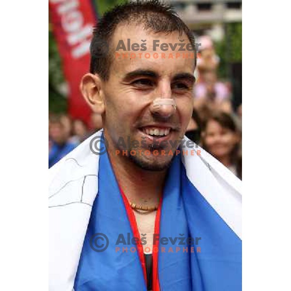 Mitja Kosovelj of Slovenia, winner of 8th World Long Distance Mountain Running Challenge in Slovenia on June 18, 2011. Start in Petrovo Brdo, finish in Podbrdo, 37.5 km with total of 5300 meters of climbs and descents 