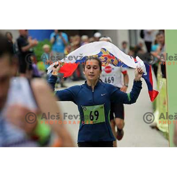 Philippa Maddams of England, winner of 8th World Long Distance Mountain Running Challenge in Slovenia on June 18, 2011. Start in Petrovo Brdo, finish in Podbrdo, 37.5 km with total of 5300 meters of climbs and descents 