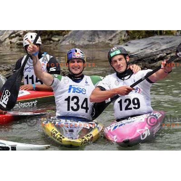 Jure Meglic (second place) and winner Peter Kauzer of Slovenia celebrate after ICF Canoe Slalom World Cup race SLOKA 2011 in Tacen, Ljubljana, Slovenia on June 25,2011 