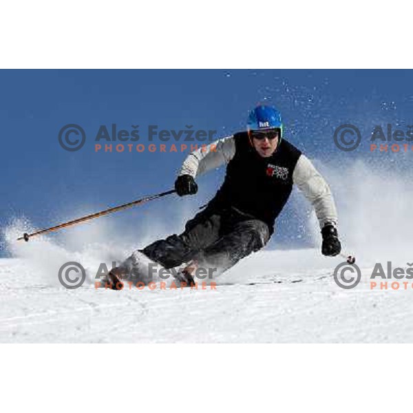 Jure Kosir, alpine skiier and Olympic bronze medalist in slalom at 1994 games in Lilehammer during free ride skiing at Kravec ski resort, Slovenia on March 17,2010 