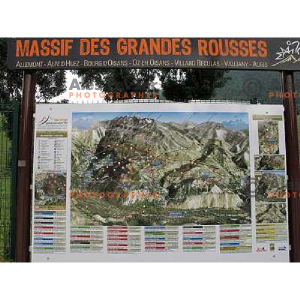 Sign post in front of the free shuttle bus in Allemont which takes bikers to Oz Station gondola and to MTB park in Alpe d\'Huez ski resort, France on August 3, 2011 