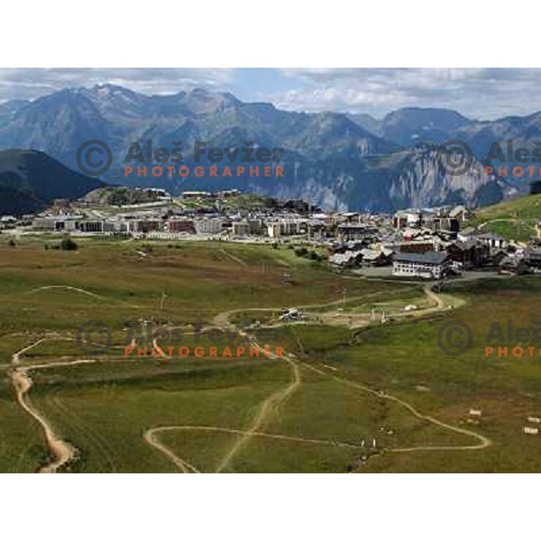 MTB park in Alpe d\'Huez ski resort, France on August 3, 2011 