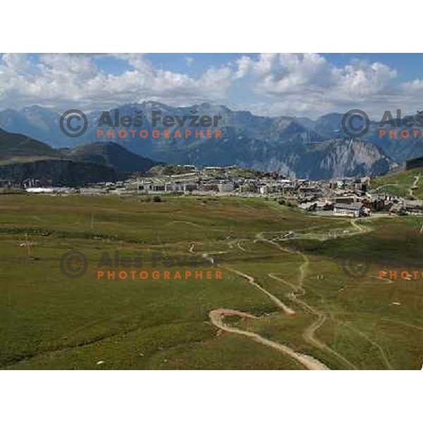 MTB park in Alpe d\'Huez ski resort, France on August 3, 2011 