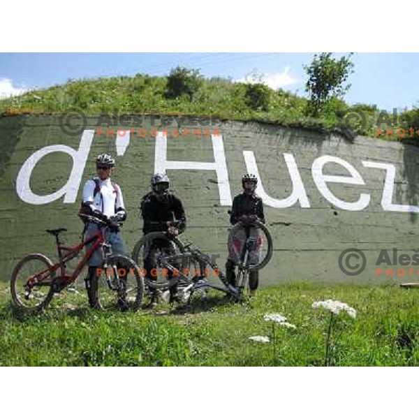 Tit Kosir, Matjaz Macek, Renata Jozic in MTB park in Alpe d\'Huez ski resort, France on August 3, 2011 