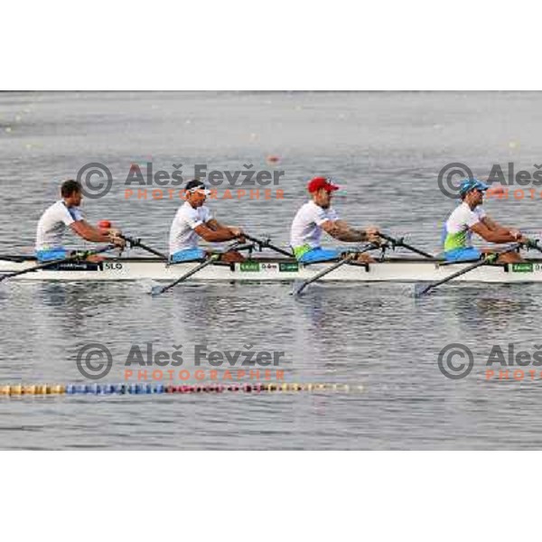 Matej Rojec, Jan Spik,Gasper Fistravec, Ales Zupan of Slovenia during practice session at Lake Bled a day before first races at 2011 World Rowing Championships at Bled, Slovenia on August 28,2011 