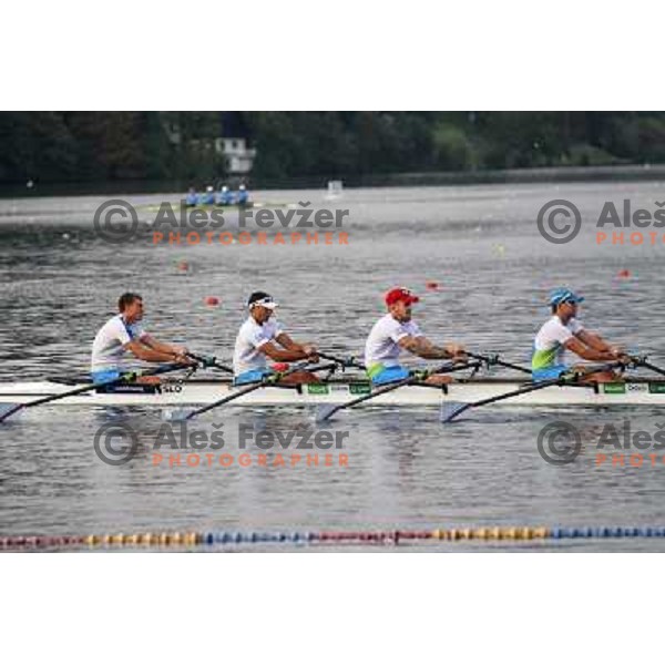 Matej Rojec, Jan Spik,Gasper Fistravec, Ales Zupan of Slovenia during practice session at Lake Bled a day before first races at 2011 World Rowing Championships at Bled, Slovenia on August 28,2011 