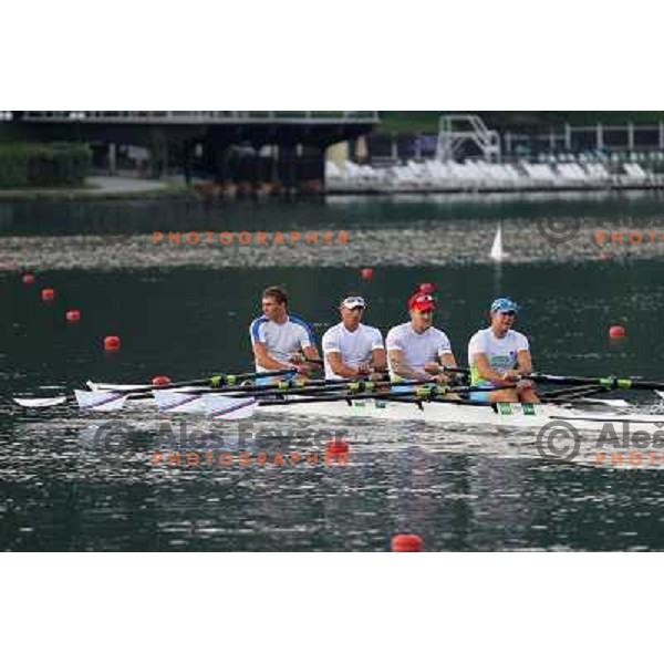 Matej Rojec, Jan Spik,Gasper Fistravec, Ales Zupan of Slovenia during practice session at Lake Bled a day before first races at 2011 World Rowing Championships at Bled, Slovenia on August 28,2011 