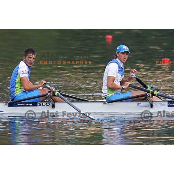 Matevz Malesic and Jure Cvet of Slovenia during practice session at Lake Bled a day before first races at 2011 World Rowing Championships at Bled, Slovenia on August 28,2011 