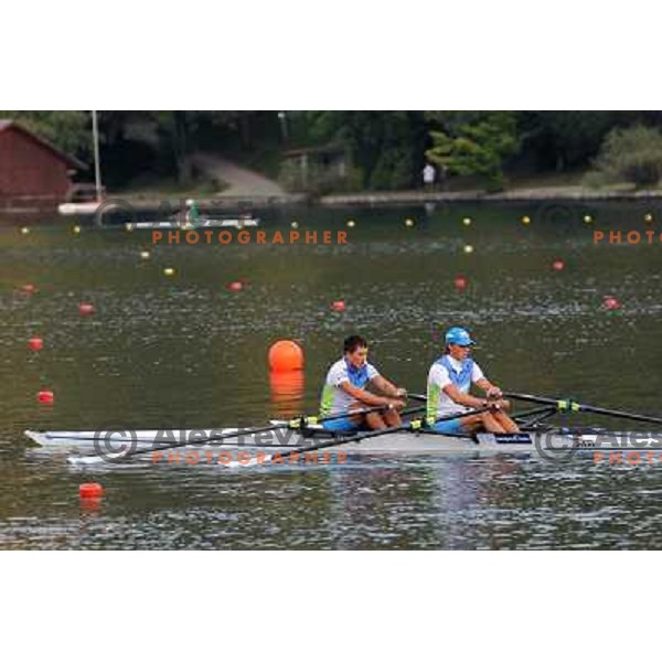 Matevz Malesic and Jure Cvet of Slovenia during practice session at Lake Bled a day before first races at 2011 World Rowing Championships at Bled, Slovenia on August 28,2011 