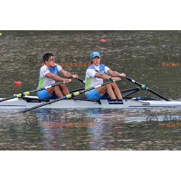 Matevz Malesic and Jure Cvet of Slovenia during practice session at Lake Bled a day before first races at 2011 World Rowing Championships at Bled, Slovenia on August 28,2011 