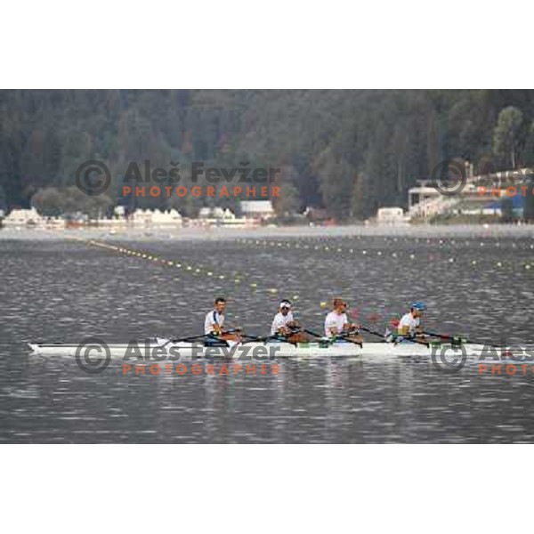 Matej Rojec, Jan Spik,Gasper Fistravec, Ales Zupan of Slovenia during practice session at Lake Bled a day before first races at 2011 World Rowing Championships at Bled, Slovenia on August 28,2011 