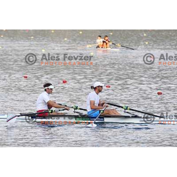 Luka Spik and Iztok Cop of Slovenia during practice session at Lake Bled a day before first races at 2011 World Rowing Championships at Bled, Slovenia on August 28,2011 