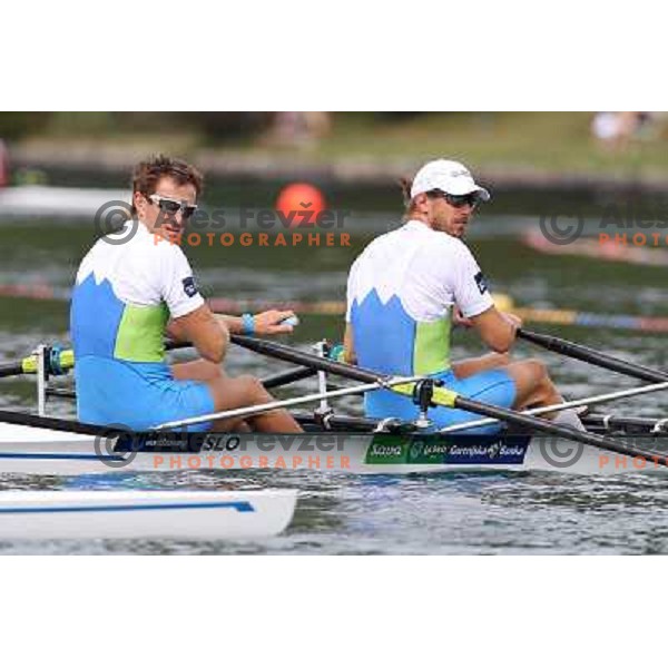 Iztok Cop and Luka Spik of Slovenia in action during first day of competition at 2011 World Rowing Championships at Bled, Slovenia on August 28,2011 