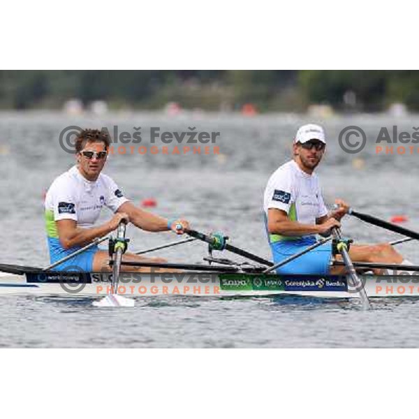 Iztok Cop and Luka Spik of Slovenia in action during first day of competition at 2011 World Rowing Championships at Bled, Slovenia on August 28,2011 