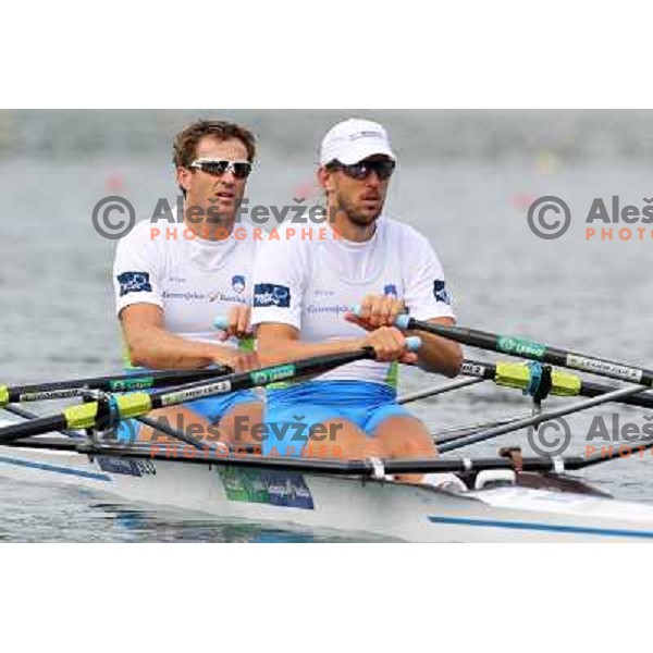 Iztok Cop and Luka Spik of Slovenia in action during first day of competition at 2011 World Rowing Championships at Bled, Slovenia on August 28,2011 