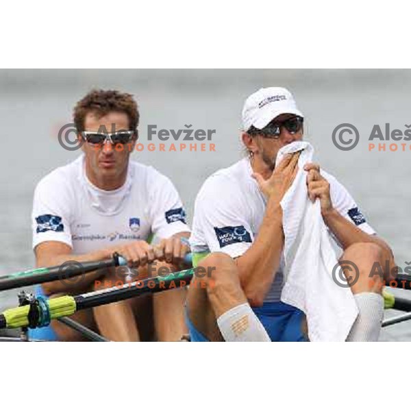 Iztok Cop and Luka Spik of Slovenia in action during first day of competition at 2011 World Rowing Championships at Bled, Slovenia on August 28,2011 