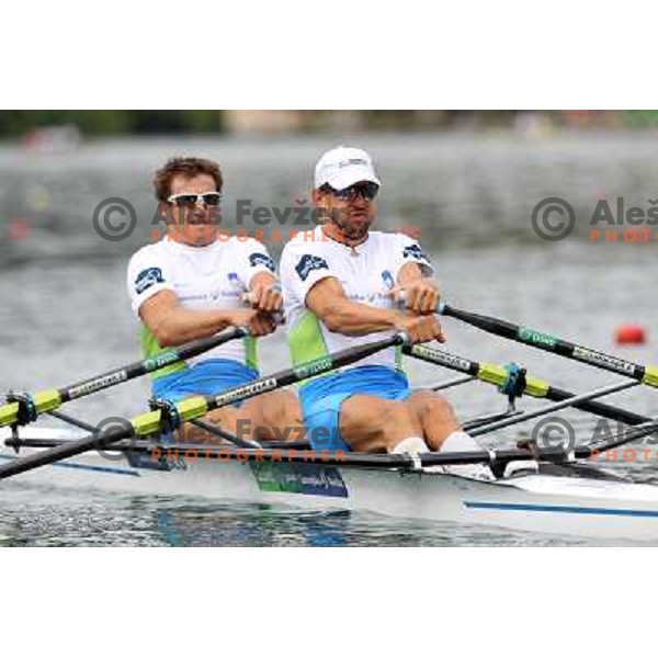 Iztok Cop and Luka Spik of Slovenia in action during first day of competition at 2011 World Rowing Championships at Bled, Slovenia on August 28,2011 