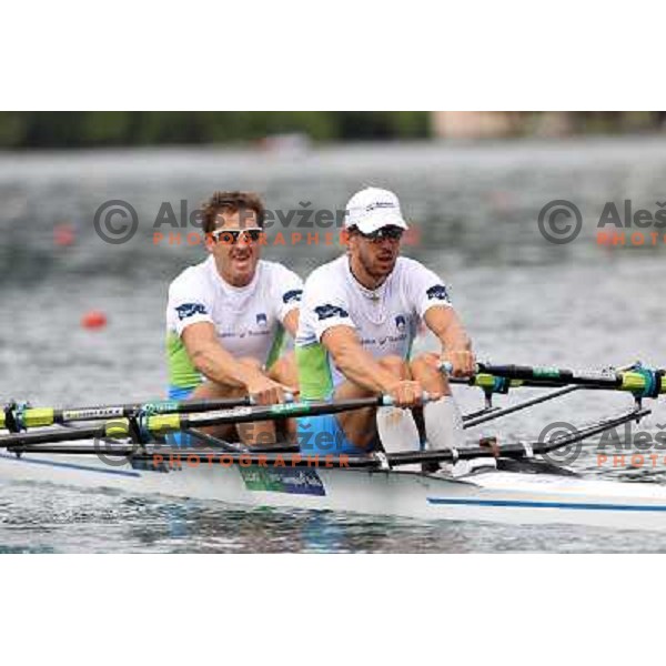 Iztok Cop and Luka Spik of Slovenia in action during first day of competition at 2011 World Rowing Championships at Bled, Slovenia on August 28,2011 