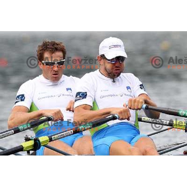 Iztok Cop and Luka Spik of Slovenia in action during first day of competition at 2011 World Rowing Championships at Bled, Slovenia on August 28,2011 
