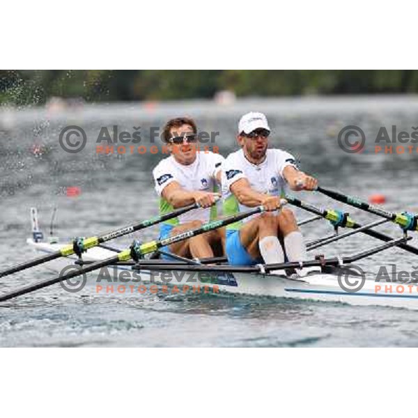 Iztok Cop and Luka Spik of Slovenia in action during first day of competition at 2011 World Rowing Championships at Bled, Slovenia on August 28,2011 