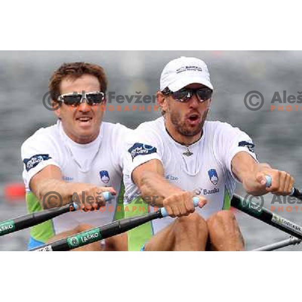 Iztok Cop and Luka Spik of Slovenia in action during first day of competition at 2011 World Rowing Championships at Bled, Slovenia on August 28,2011 
