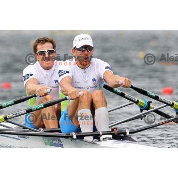 Iztok Cop and Luka Spik of Slovenia in action during first day of competition at 2011 World Rowing Championships at Bled, Slovenia on August 28,2011 