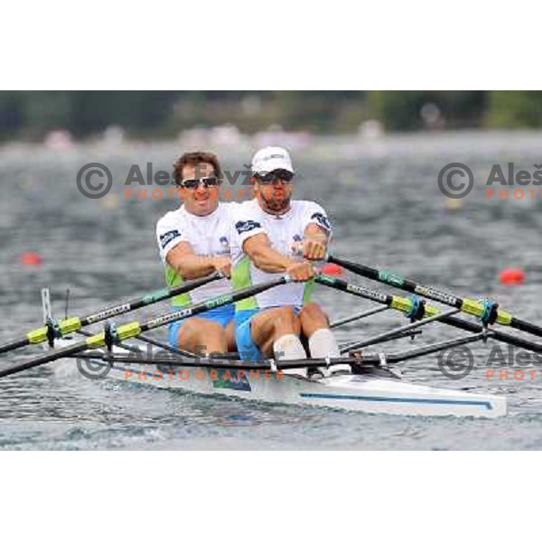 Iztok Cop and Luka Spik of Slovenia in action during first day of competition at 2011 World Rowing Championships at Bled, Slovenia on August 28,2011 