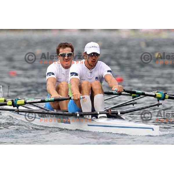 Iztok Cop and Luka Spik of Slovenia in action during first day of competition at 2011 World Rowing Championships at Bled, Slovenia on August 28,2011 