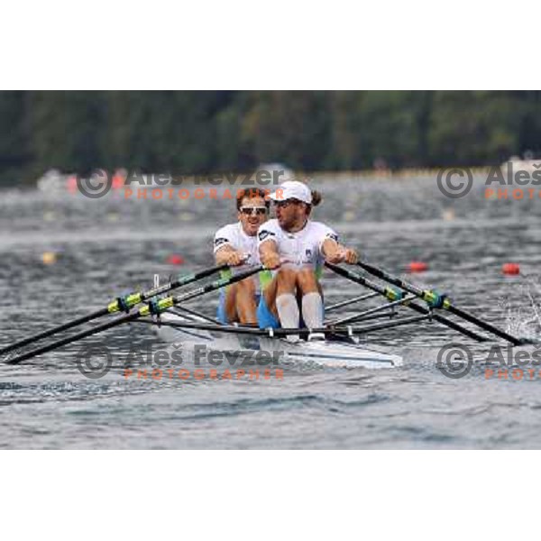 Iztok Cop and Luka Spik of Slovenia in action during first day of competition at 2011 World Rowing Championships at Bled, Slovenia on August 28,2011 